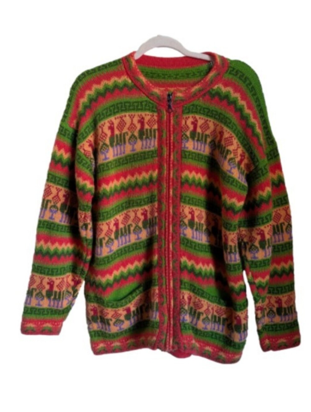 VINTAGE Multicolored Lamas Soft Bohemian Zip-Front Knit Cardigan Size Large